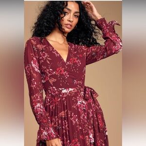 Khari Burgundy Floral Print Pleated Wrap Maxi Dress